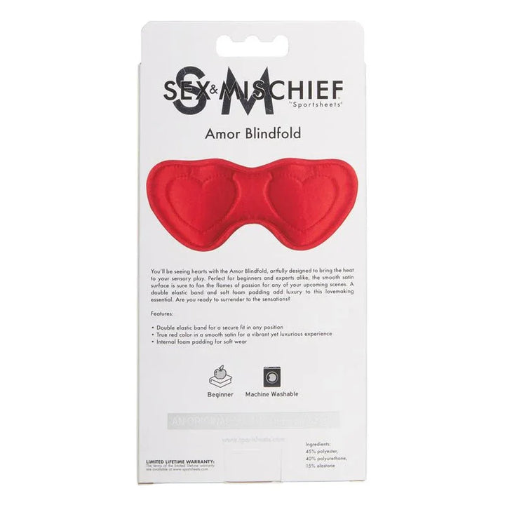 Back of the Amor Blindfold box listing features and the satin construction
