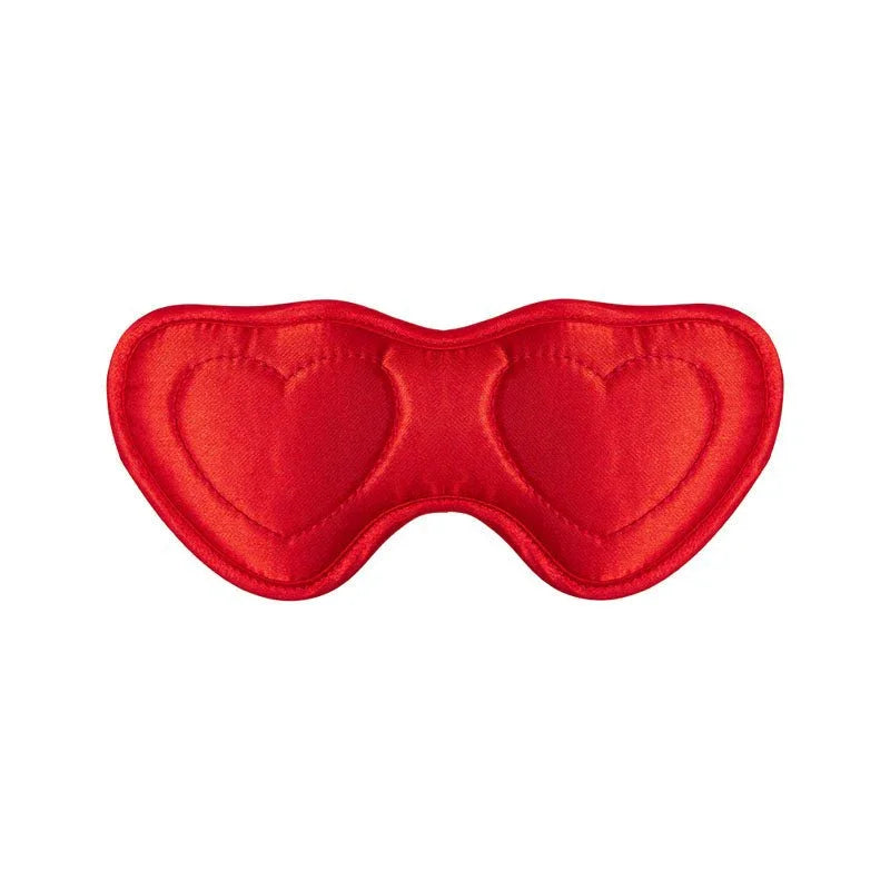 Red satin Amor Blindfold alone, showing the twin padded heart cups