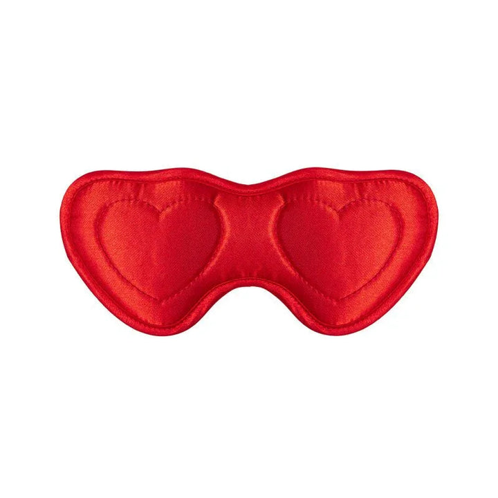 Red satin Amor Blindfold alone, showing the twin padded heart cups