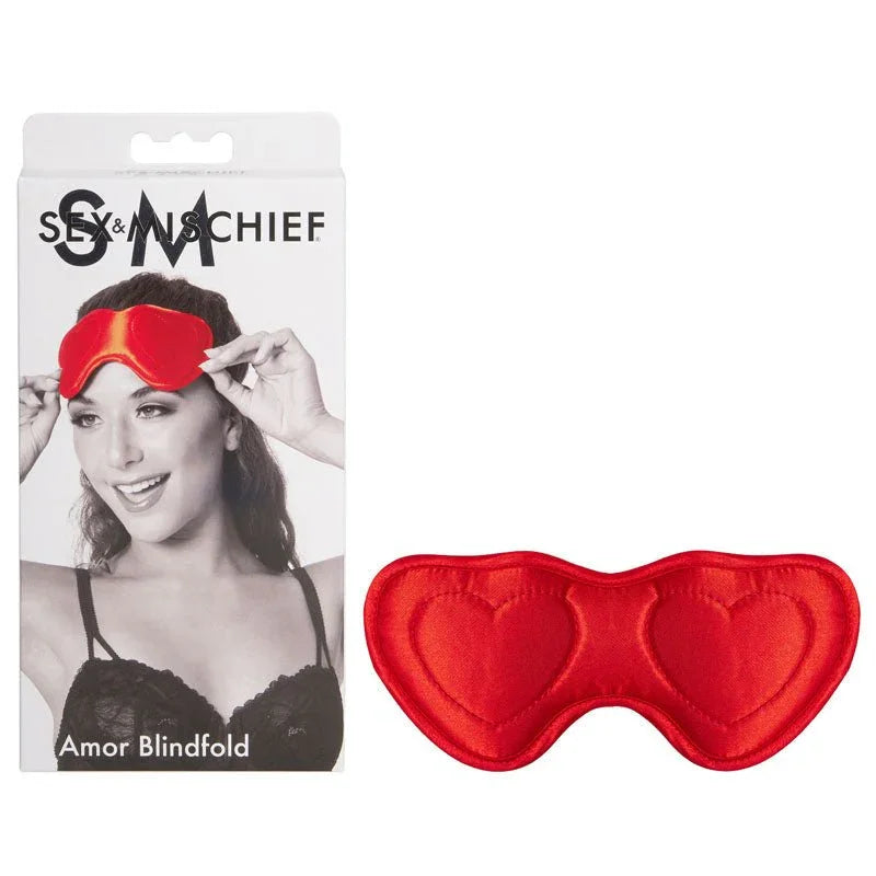 Sex & Mischief Amor Blindfold box beside the red heart-shaped padded mask