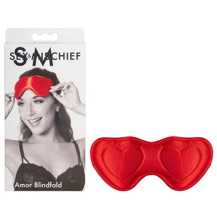 Sex & Mischief Amor Blindfold box beside the red heart-shaped padded mask