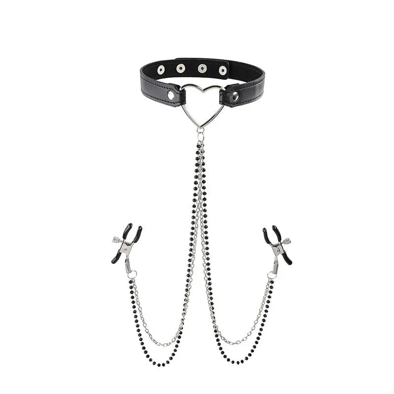 Amor heart-ring collar with beaded chains and rubber-tipped nipple clamps