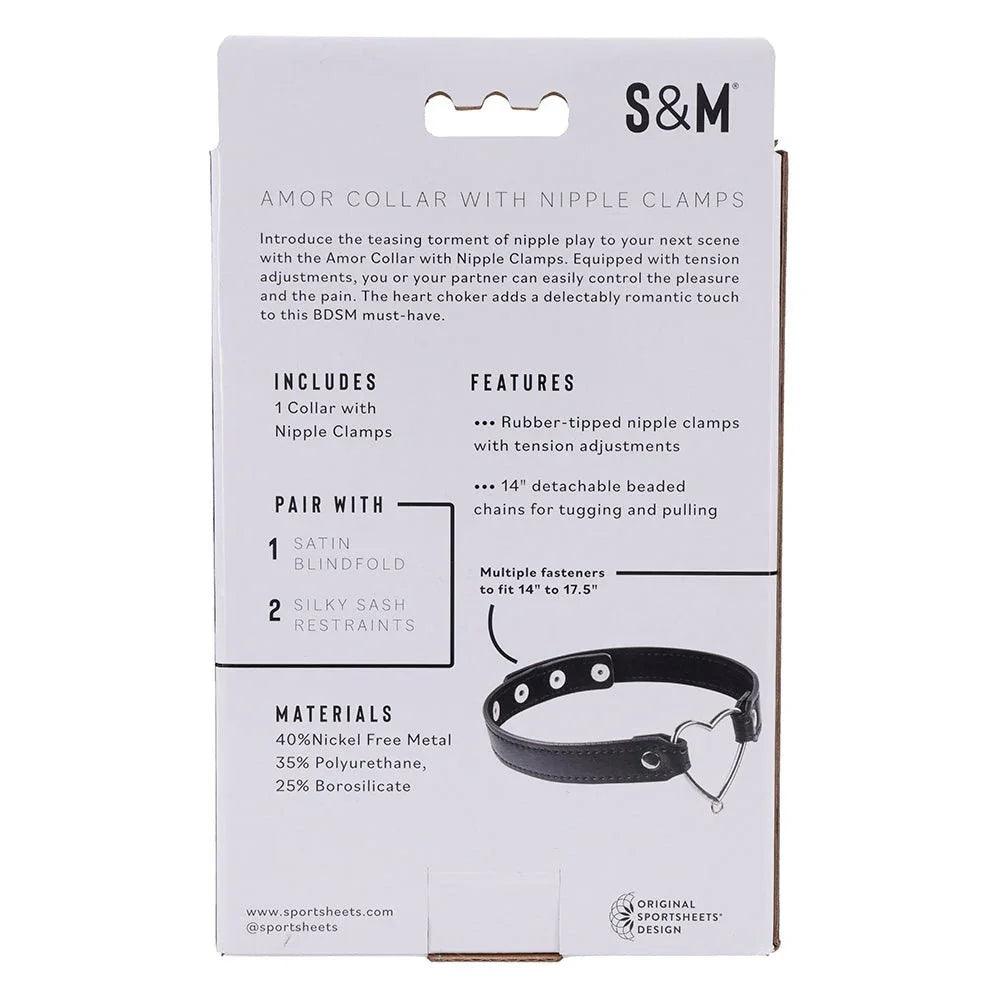 Back of the Amor Collar box listing features, sizing and materials