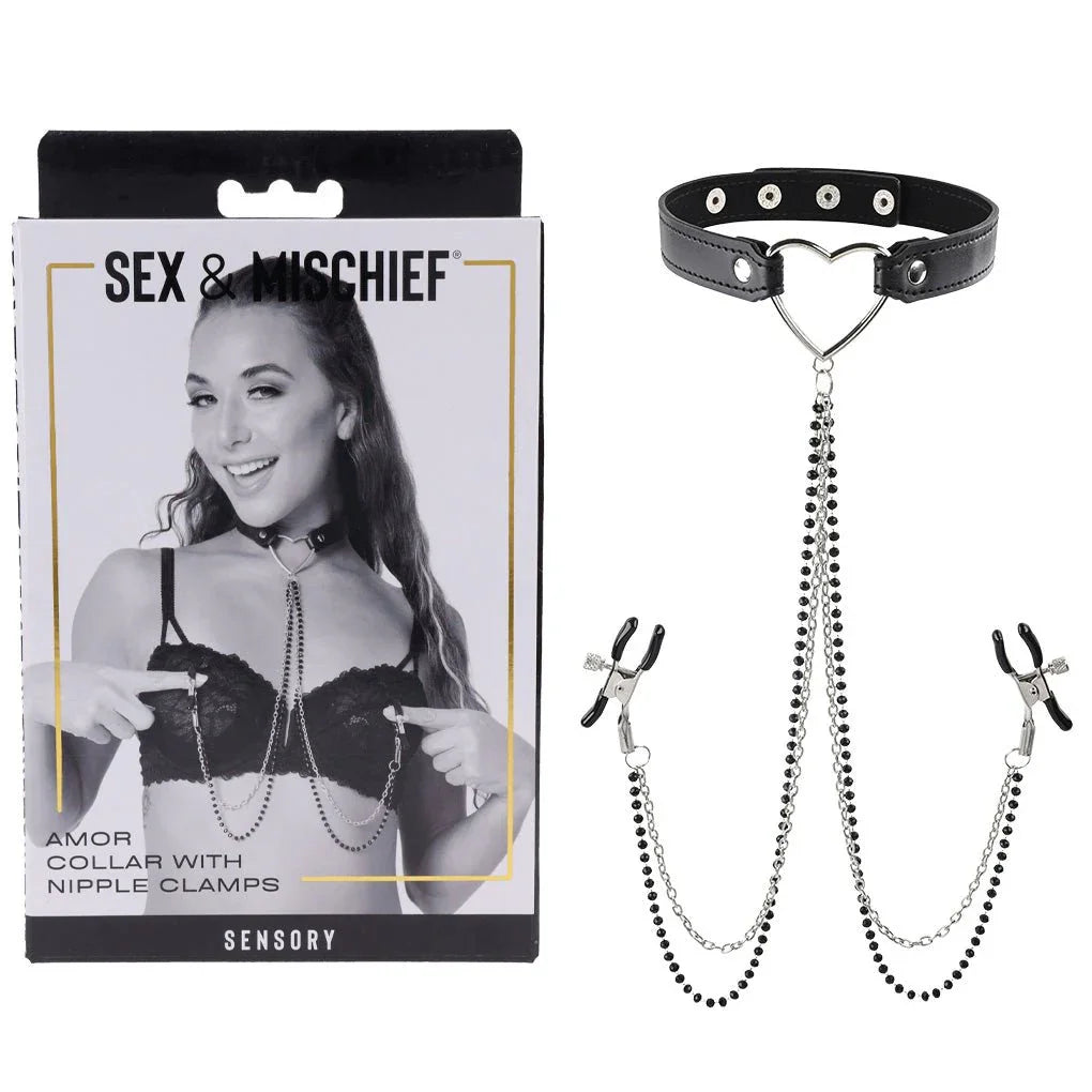 Sex & Mischief Amor Collar with Nipple Clamps box beside the black heart collar and clamps