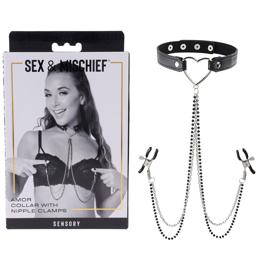 Buy Sex & Mischief Amor Collar with Nipple Clamps - Metal Restraints – Naughtyhut NZ sex toys online. Discreet delivery & top brands.
