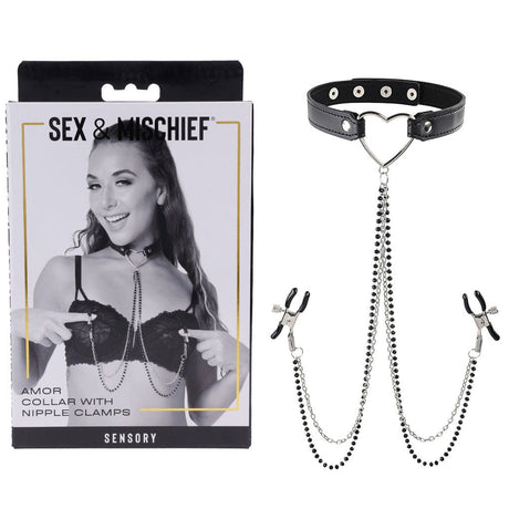 Buy Sex & Mischief Amor Collar with Nipple Clamps - Metal Restraints – Naughtyhut NZ sex toys online. Discreet delivery & top brands.
