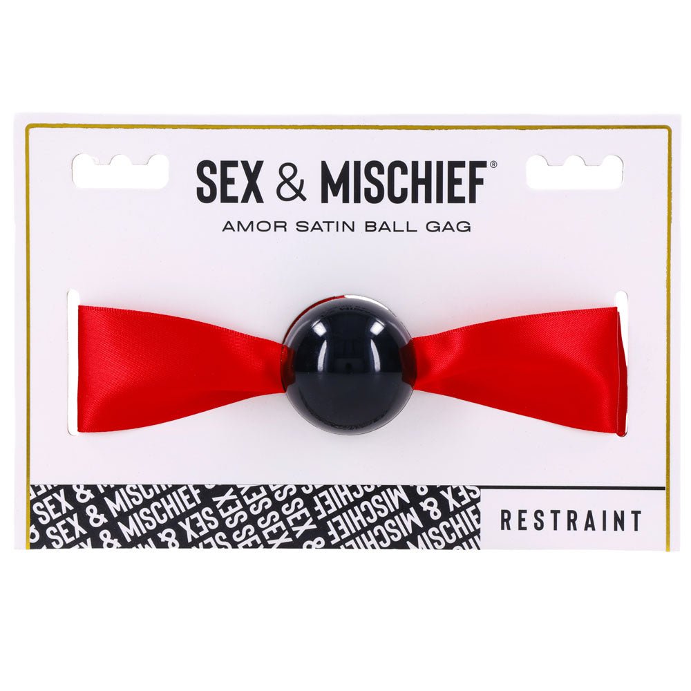 Sex & Mischief Amor Satin Ball Gag - Red/Black Mouth Restraint – Sex toys NZ by Naughtyhut. Discreet delivery nationwide.
