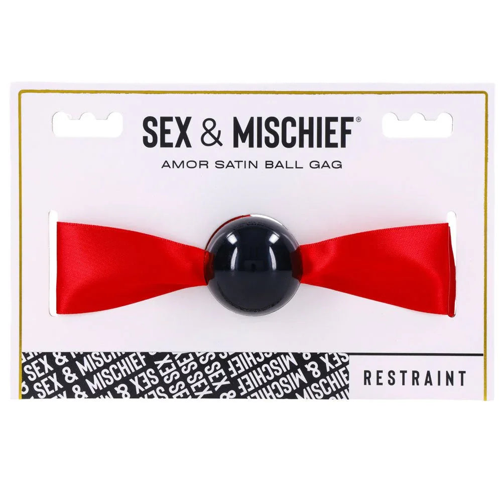 Sex & Mischief Amor Satin Ball Gag - Red/Black Mouth Restraint – Sex toys NZ by Naughtyhut. Discreet delivery nationwide.