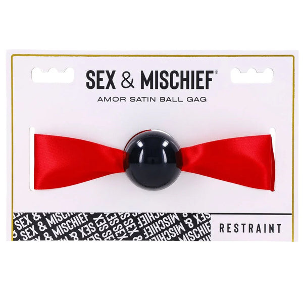 Sex & Mischief Amor Satin Ball Gag - Red/Black Mouth Restraint – Sex toys NZ by Naughtyhut. Discreet delivery nationwide.