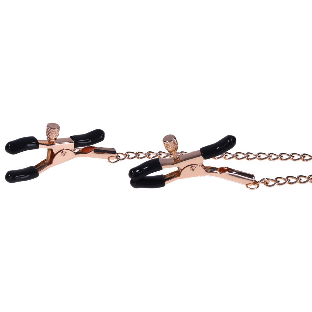 Buy Sex & Mischief Brat Charmed Nipple Clamps - Rose Gold Nipple Clamps with 45 cm Chain – Naughtyhut NZ sex toys online. Discreet delivery & top brands.