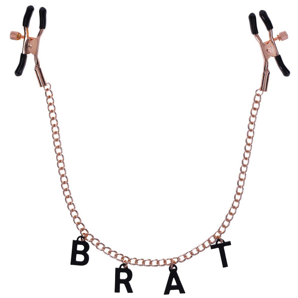 Buy Sex & Mischief Brat Charmed Nipple Clamps - Rose Gold Nipple Clamps with 45 cm Chain – Naughtyhut NZ sex toys online. Discreet delivery & top brands.