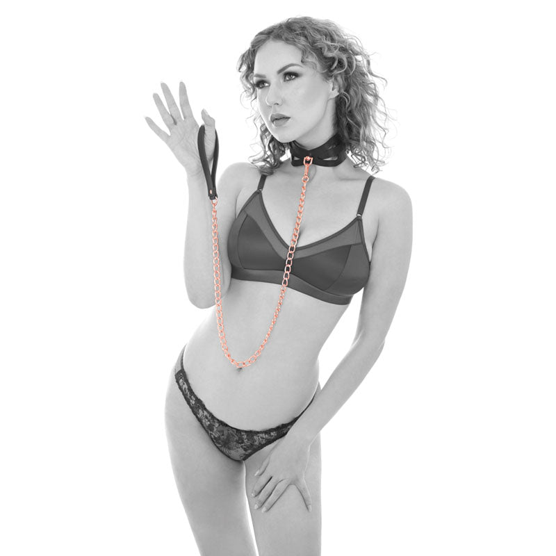 Buy Sex & Mischief Brat Collar & Leash - Rose Gold/Black Restraint – Naughtyhut NZ sex toys online. Discreet delivery & top brands.