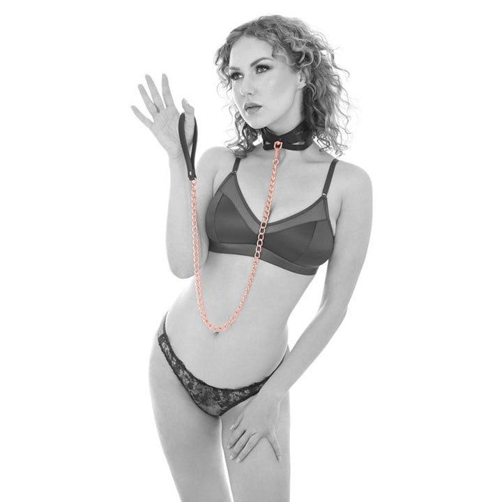 Sex & Mischief Brat Collar & Leash - Rose Gold/Black Restraint – Sex toys NZ by Naughtyhut. Discreet delivery nationwide.