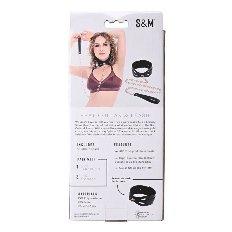 Back of the Brat Collar & Leash box listing features and sizing