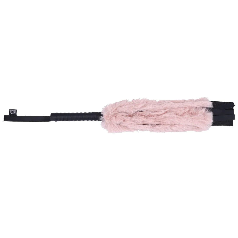 Sex & Mischief Brat Faux Fur Flogger - Black 50 cm Whip with Pink Faux Feather – Sex toys NZ by Naughtyhut. Discreet delivery nationwide.