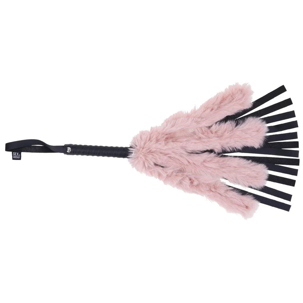 Sex & Mischief Brat Faux Fur Flogger - Black 50 cm Whip with Pink Faux Feather – Sex toys NZ by Naughtyhut. Discreet delivery nationwide.