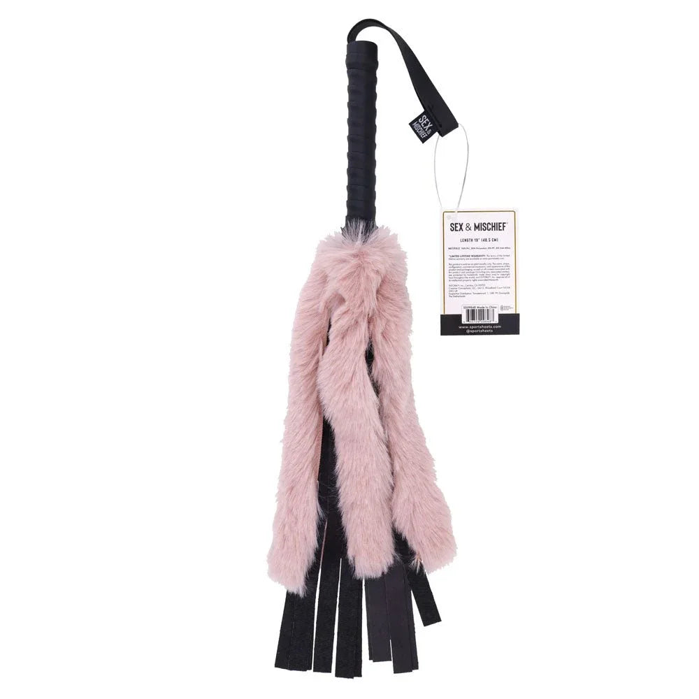 Sex & Mischief Brat Faux Fur Flogger - Black 50 cm Whip with Pink Faux Feather – Sex toys NZ by Naughtyhut. Discreet delivery nationwide.