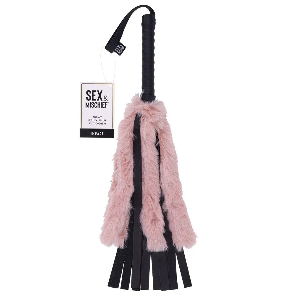 Sex & Mischief Brat Faux Fur Flogger - Black 50 cm Whip with Pink Faux Feather – Sex toys NZ by Naughtyhut. Discreet delivery nationwide.