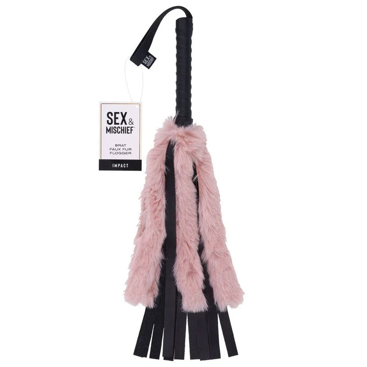 Sex & Mischief Brat Faux Fur Flogger - Black 50 cm Whip with Pink Faux Feather – Sex toys NZ by Naughtyhut. Discreet delivery nationwide.