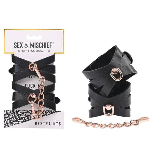 Sex & Mischief Brat Handcuffs - Black/Rose Gold Restraints – Sex toys NZ by Naughtyhut. Discreet delivery nationwide.