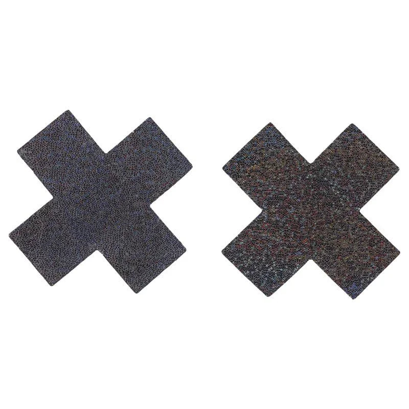 Pair of black glitter cross-shaped nipple pasties from the Brat Kit