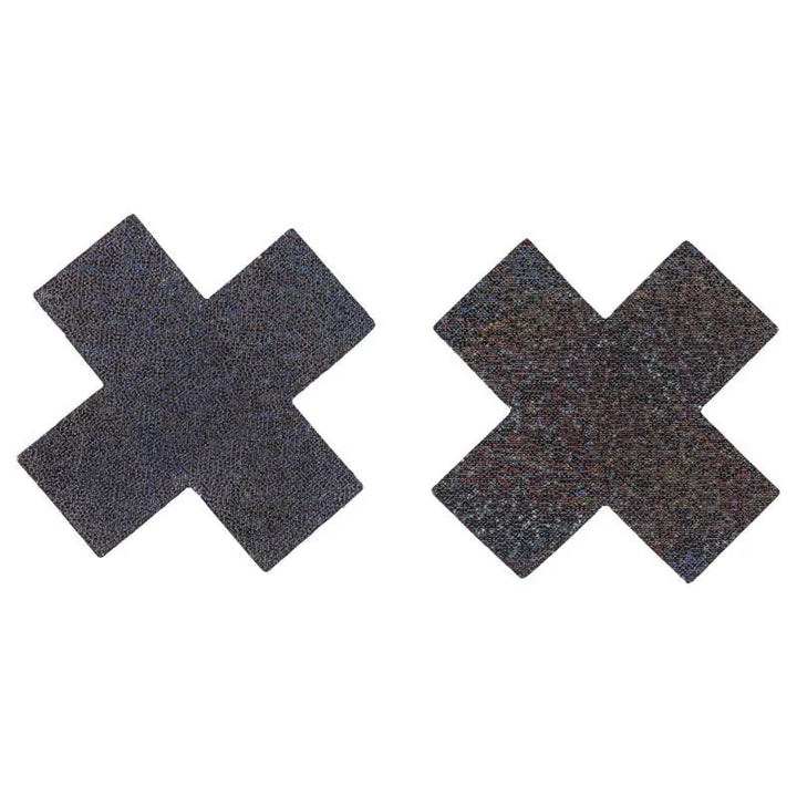 Pair of black glitter cross-shaped nipple pasties from the Brat Kit