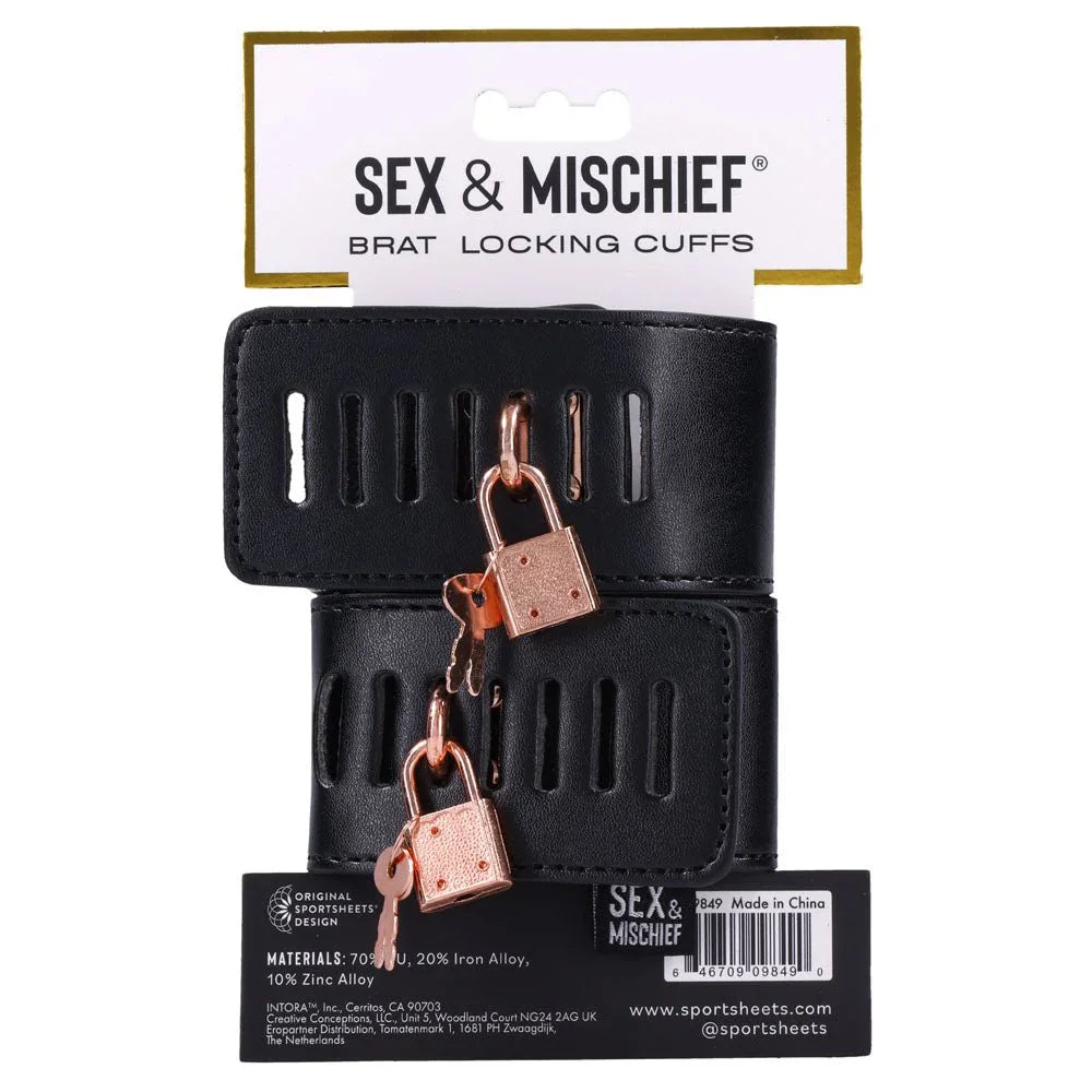 Back of the Brat Locking Cuffs card listing materials and the padlocks