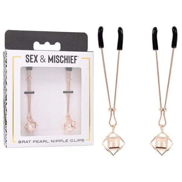 Sex & Mischief Brat Pearl Nipple Clips box beside two rose gold clips with pearl charms