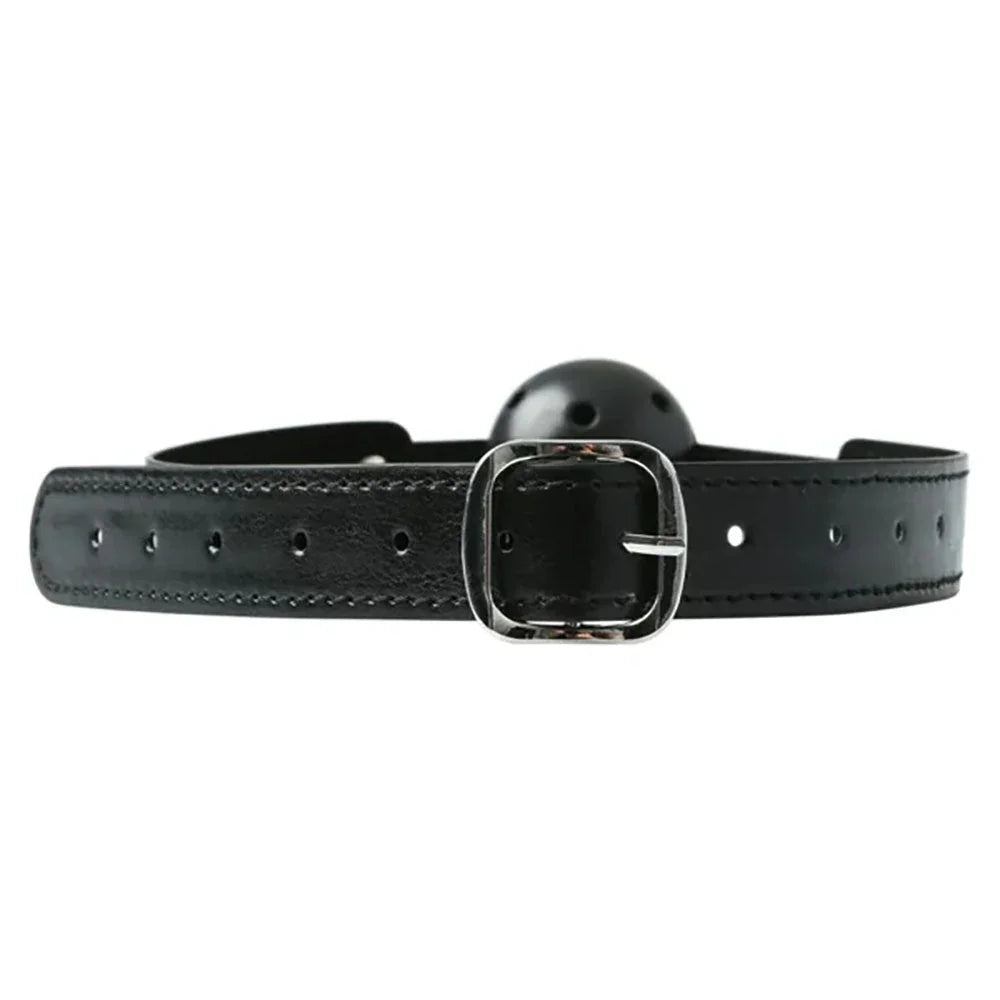 Close-up of the ball gag's adjustment holes and roller buckle