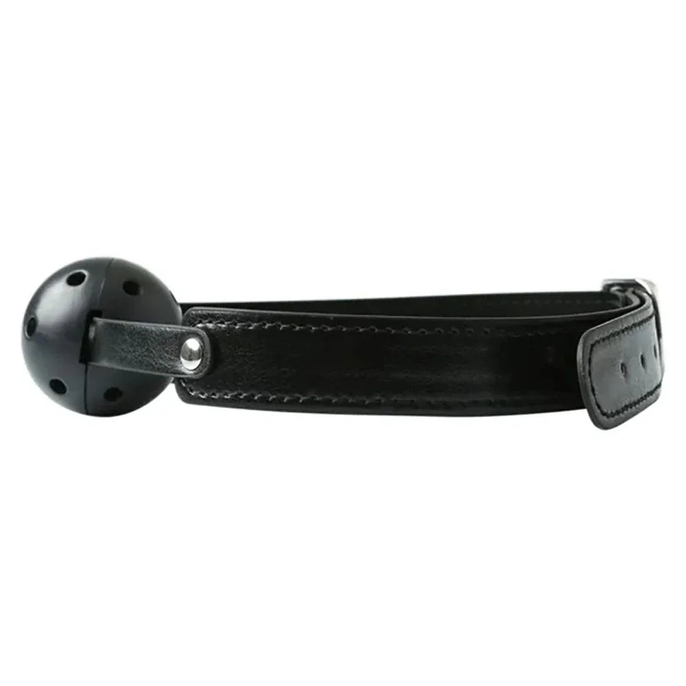 Breathable ball gag angled with the vented ball at the left of the strap