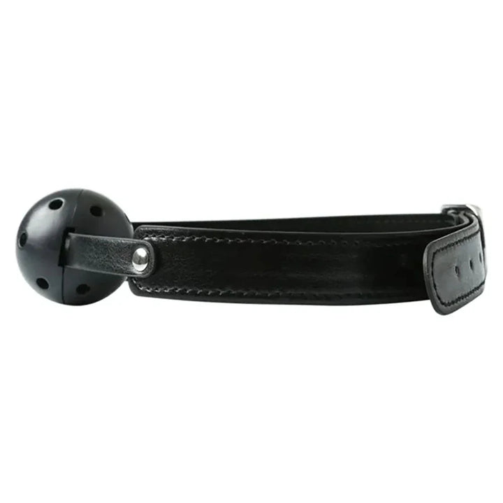 Breathable ball gag angled with the vented ball at the left of the strap