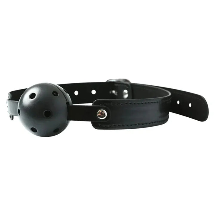 Breathable ball gag with the strap curving back behind the vented ball