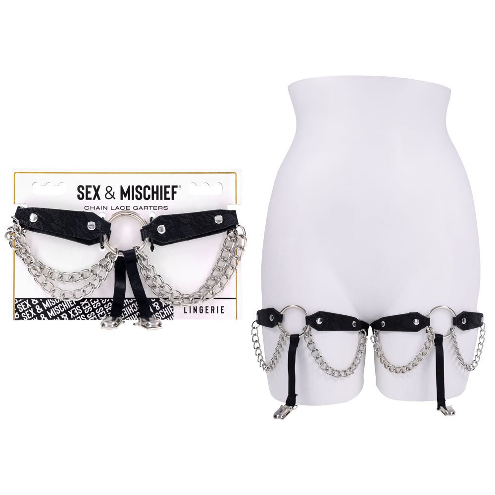 Sex & Mischief Chain Lace Garters - Black/Metal Garters – Sex toys NZ by Naughtyhut. Discreet delivery nationwide.