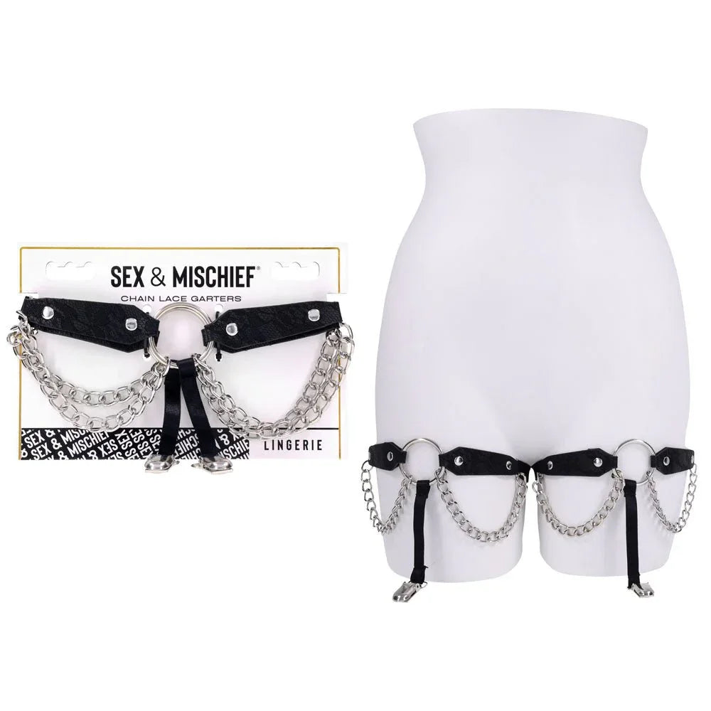 Sex & Mischief Chain Lace Garters on card beside a mannequin wearing the black garters