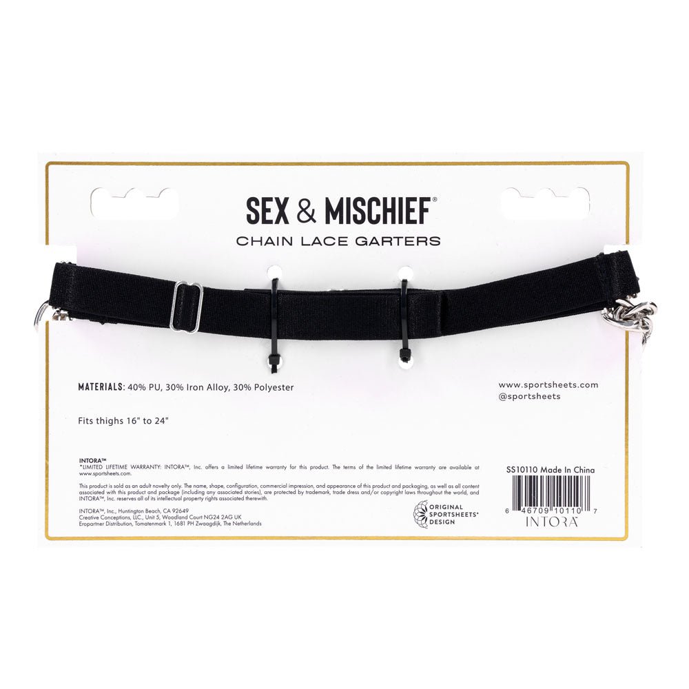 Sex & Mischief Chain Lace Garters - Black/Metal Garters – Sex toys NZ by Naughtyhut. Discreet delivery nationwide.
