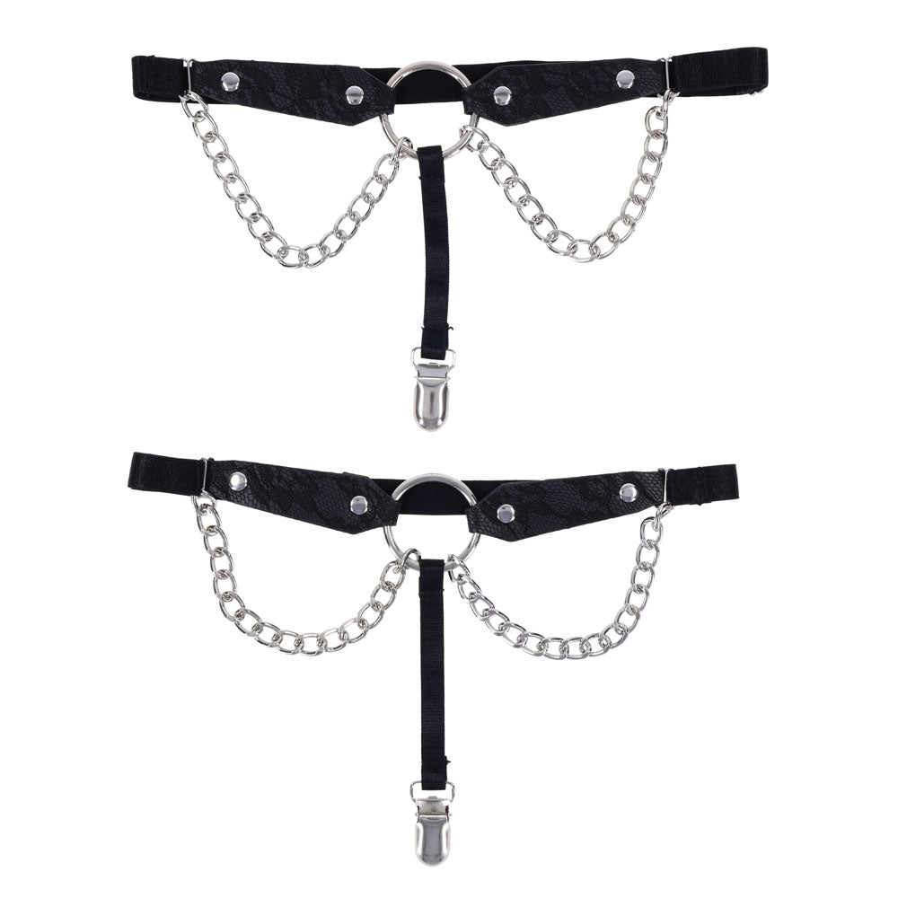 Sex & Mischief Chain Lace Garters - Black/Metal Garters – Sex toys NZ by Naughtyhut. Discreet delivery nationwide.