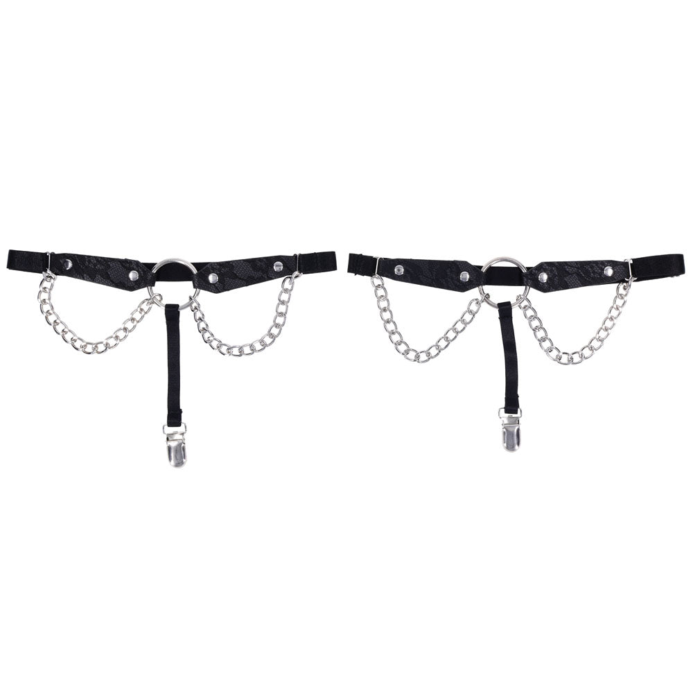 Sex & Mischief Chain Lace Garters - Black/Metal Garters – Sex toys NZ by Naughtyhut. Discreet delivery nationwide.