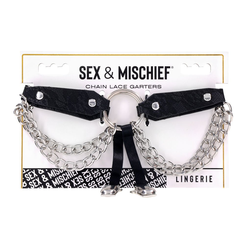 Sex & Mischief Chain Lace Garters - Black/Metal Garters – Sex toys NZ by Naughtyhut. Discreet delivery nationwide.