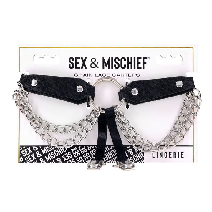 Sex & Mischief Chain Lace Garters - Black/Metal Garters – Sex toys NZ by Naughtyhut. Discreet delivery nationwide.