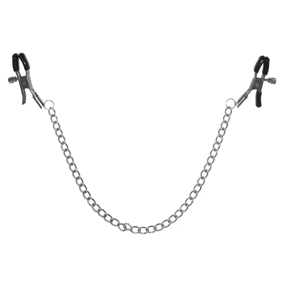 Chained nipple clamps spread apart to show the full length of the chain