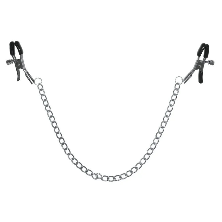 Chained nipple clamps spread apart to show the full length of the chain