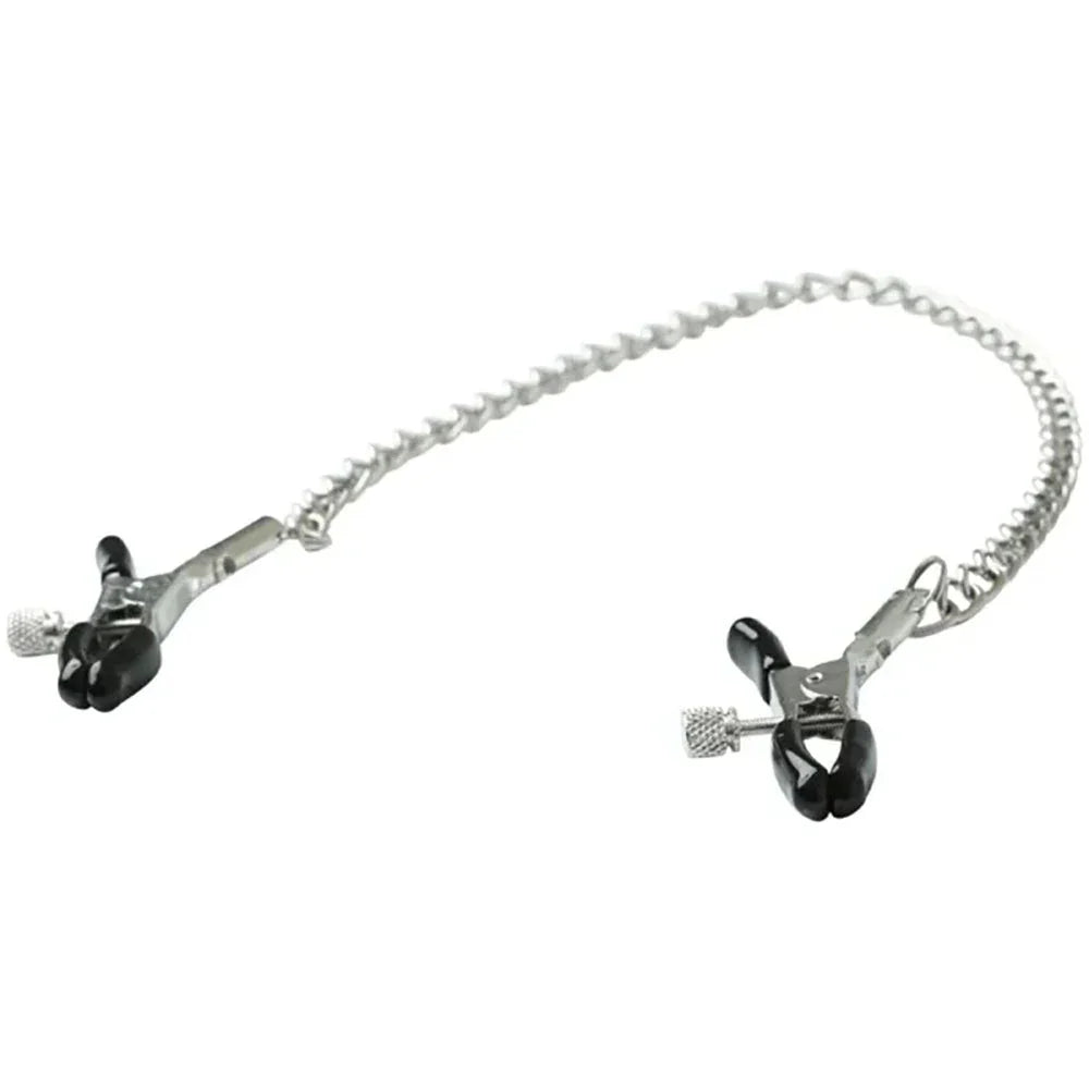 Chained nipple clamps lying flat, black rubber tips and thumbscrews visible