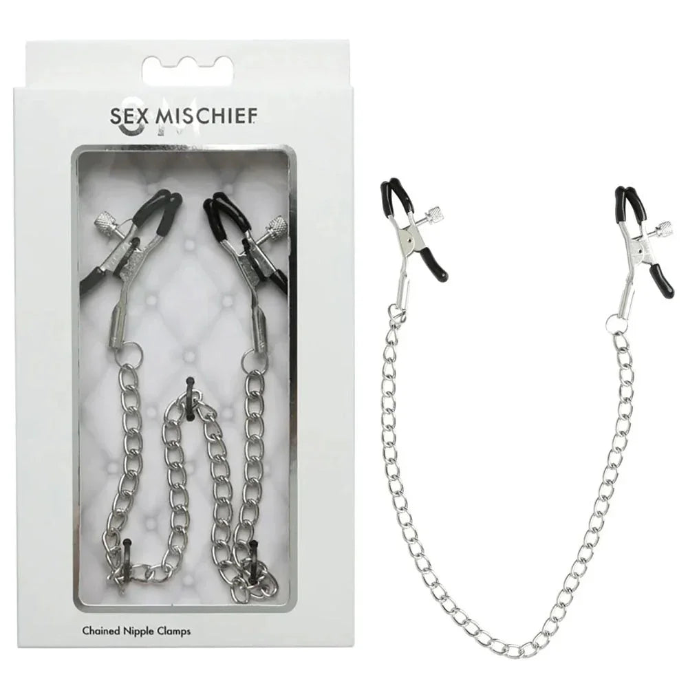 Sex & Mischief Chained Nipple Clamps box beside the silver clamps and chain