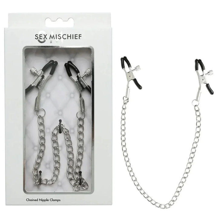 Sex & Mischief Chained Nipple Clamps box beside the silver clamps and chain