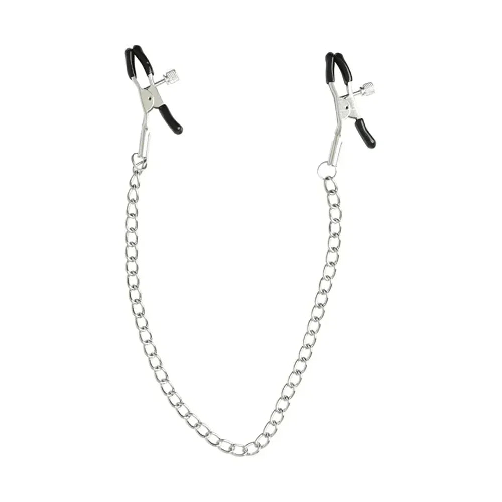 Silver adjustable nipple clamps joined by a 30 cm chain, hanging in a U