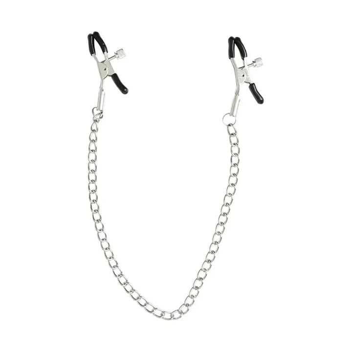 Silver adjustable nipple clamps joined by a 30 cm chain, hanging in a U