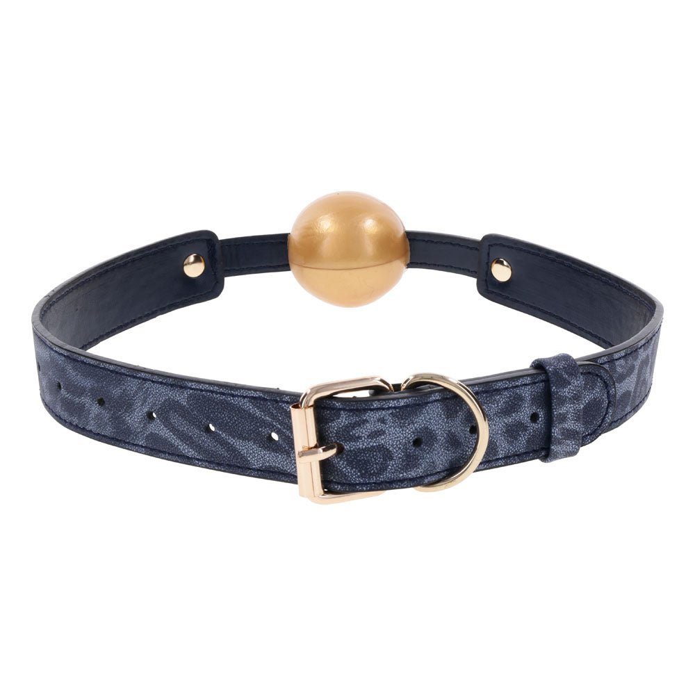 Buy Sex & Mischief Cougar Ball Gag - Navy Blue/Gold Mouth Restraint – Naughtyhut NZ sex toys online. Discreet delivery & top brands.