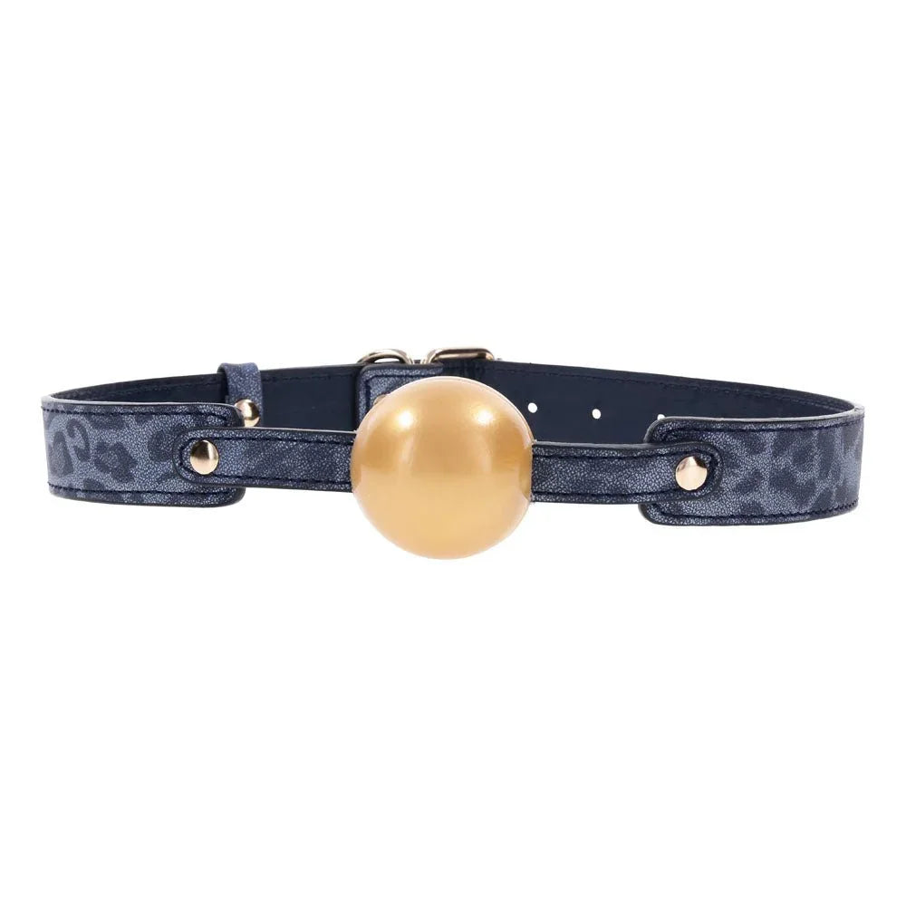 Cougar Ball Gag front on, gold ball centred with the strap curving away