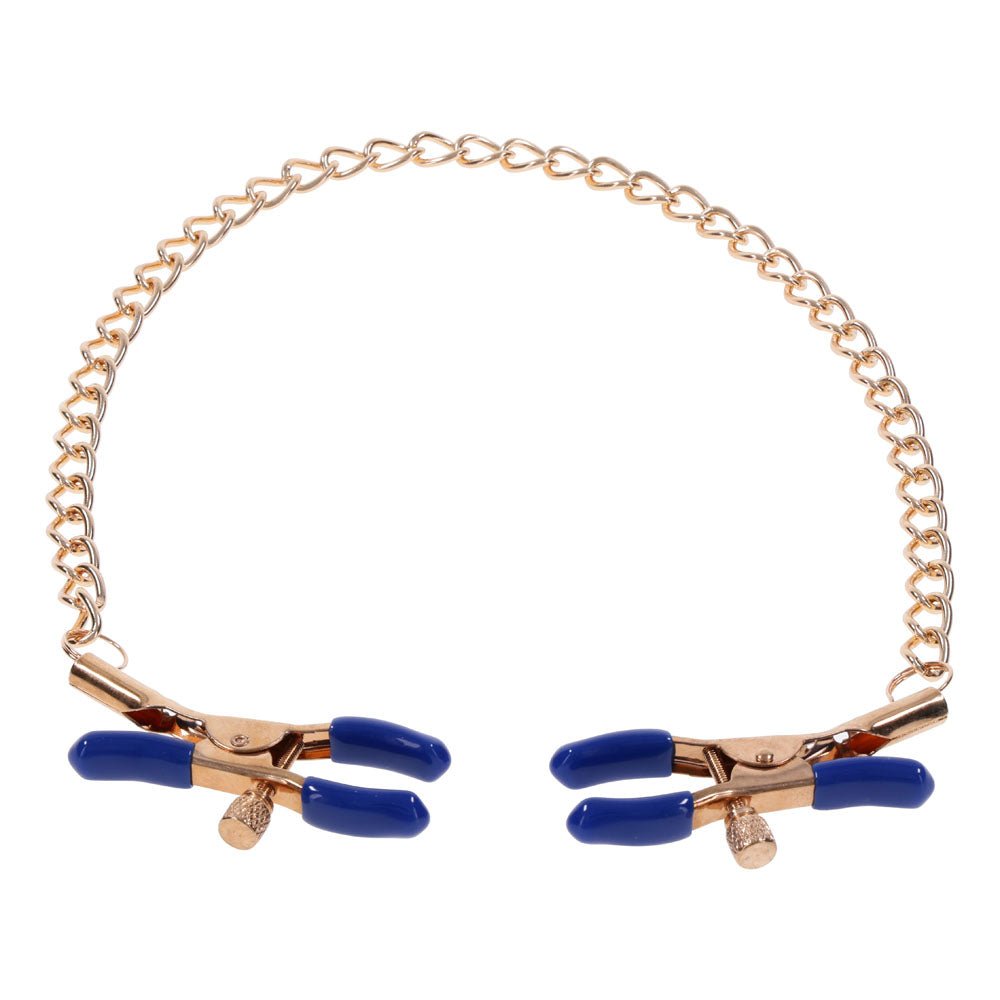 Sex & Mischief Cougar Chained Nipple Clamps - Gold Nipple Clamps with Cougar Chain – Sex toys NZ by Naughtyhut. Discreet delivery nationwide.