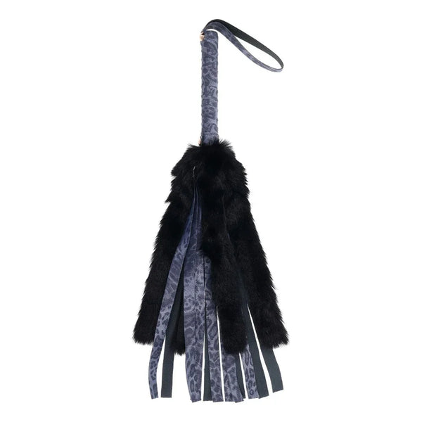 Sex & Mischief Cougar Faux Fur Flogger hanging by its wrist loop, full length